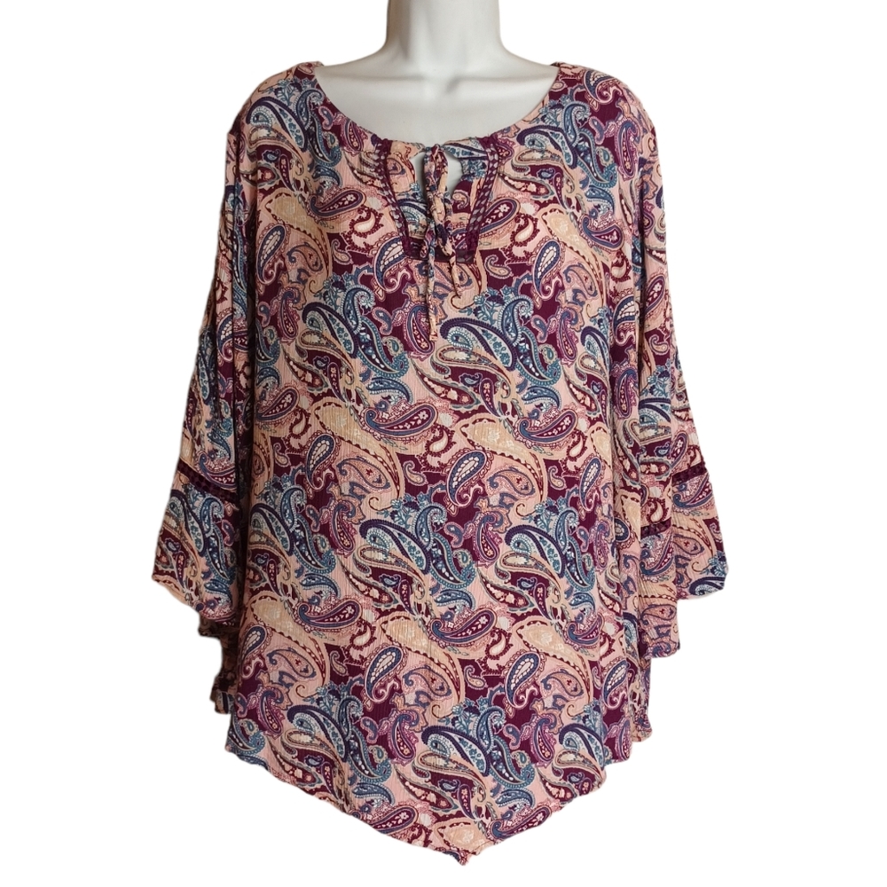 AVENUE Purple Colorful Tan Blue Paisley Print Boho Chic Top 22/24